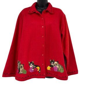 Take Two Women's Fleece Button Up Kitten Jacket Size L Embroidered‎ Red Grandma